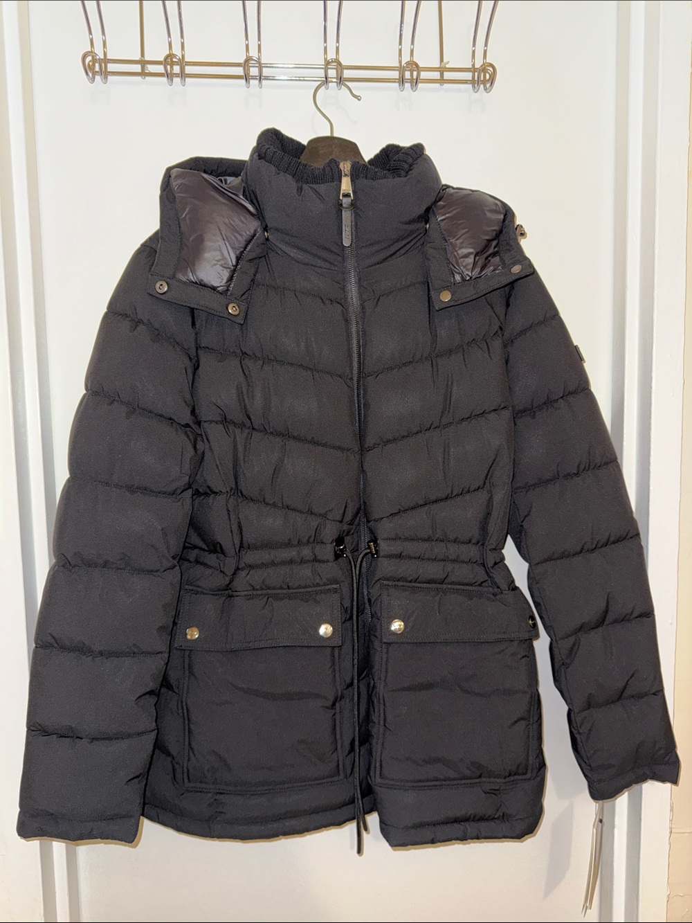 DKNY Black Quilted Drawstring Waist Puffer Jacket